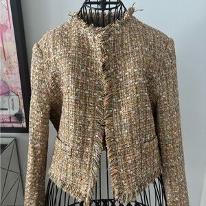 Cropped Fringe Tweed Jacket in Multi-Beige